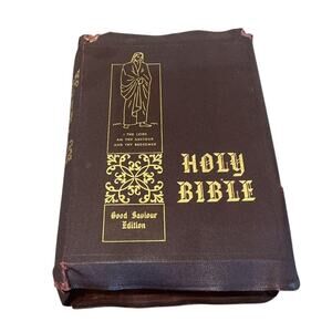 Vintage Large Holy Bible Good Savior Ed Brown Leather King James Version 1950